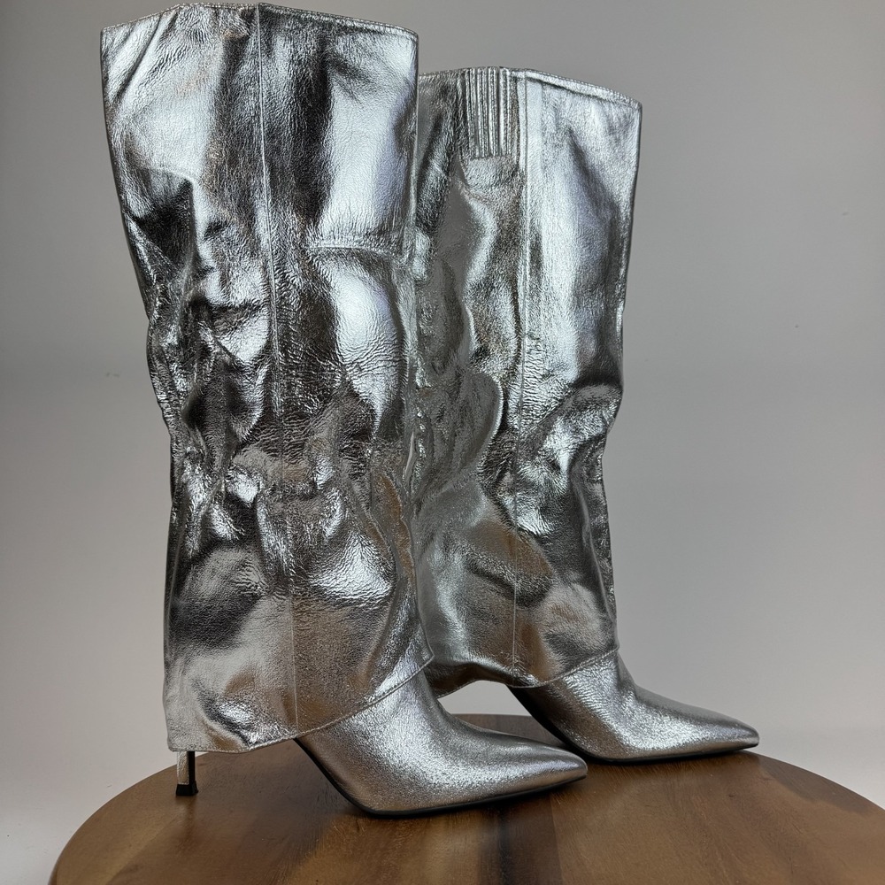 Womens Open Edit Nyomi Fold Metallic Silver Tall Stiletto Heeled Boots Size 7.5